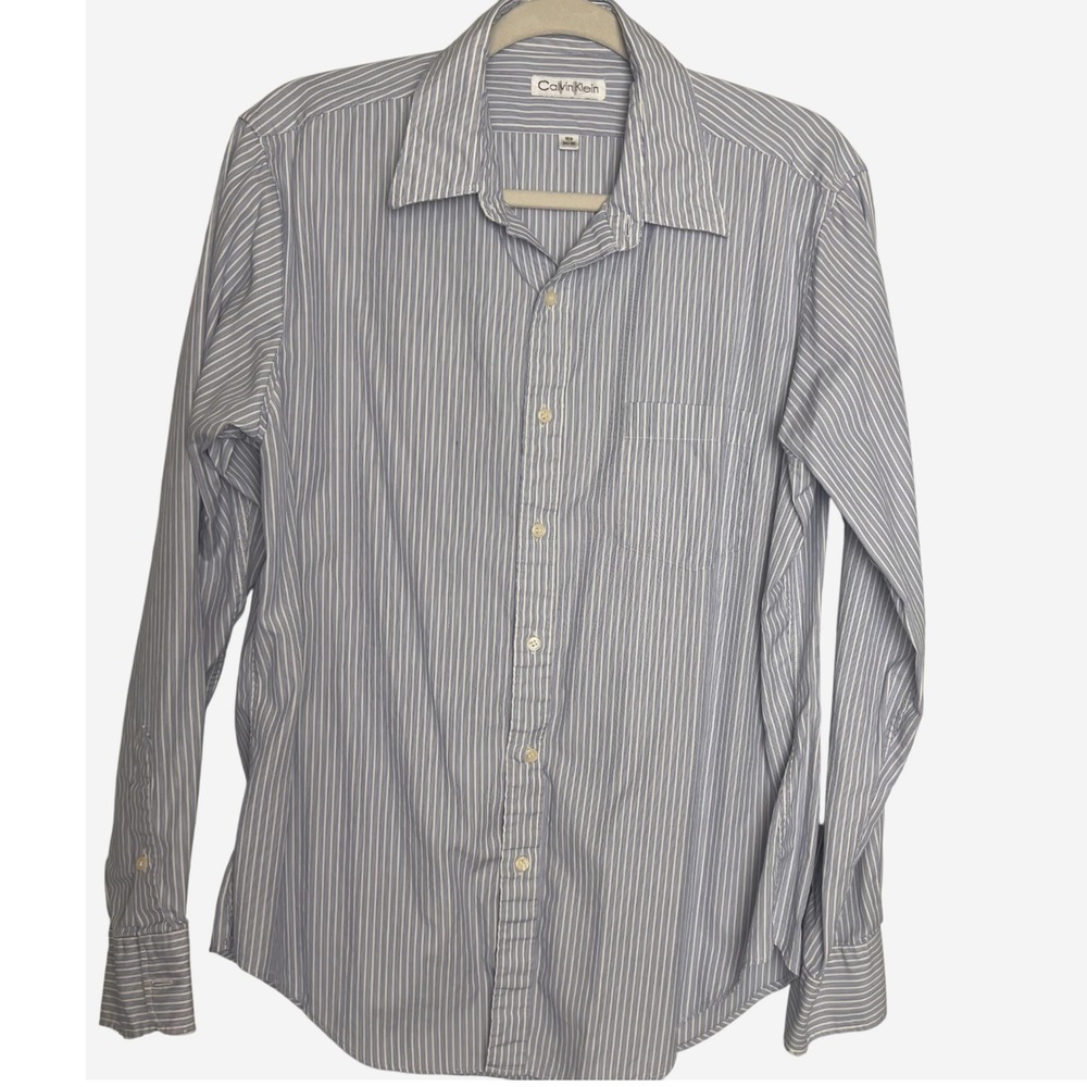 Calvin Klein Mens 16‎ 1/2 34/35 Blue White Striped Long Sleeve Dress Shirt
